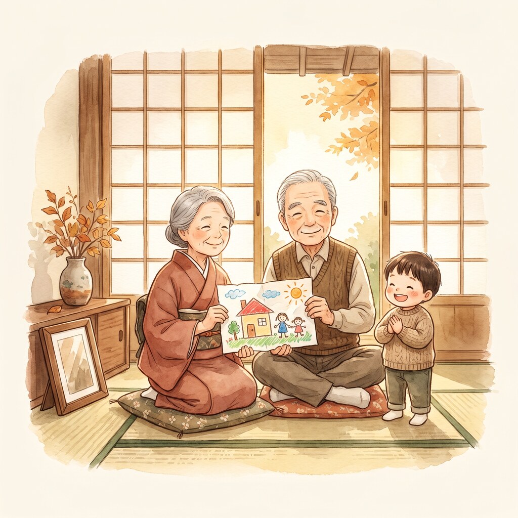 敬老の日に孫の絵を受け取って喜ぶ祖父母のイラスト